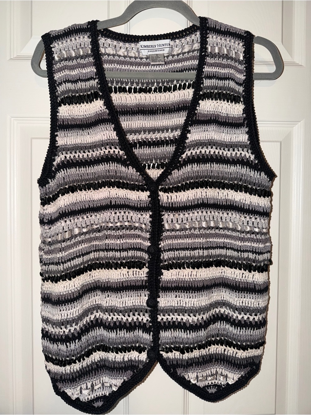 Kimberly Hunter Vintage‎ Crochet Striped Vest With Ribbons— Black, Gray & Cream